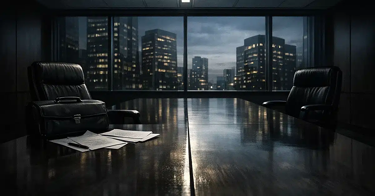 Empty boardroom with abandoned chair and briefcase, showing division across conference table in corporate office