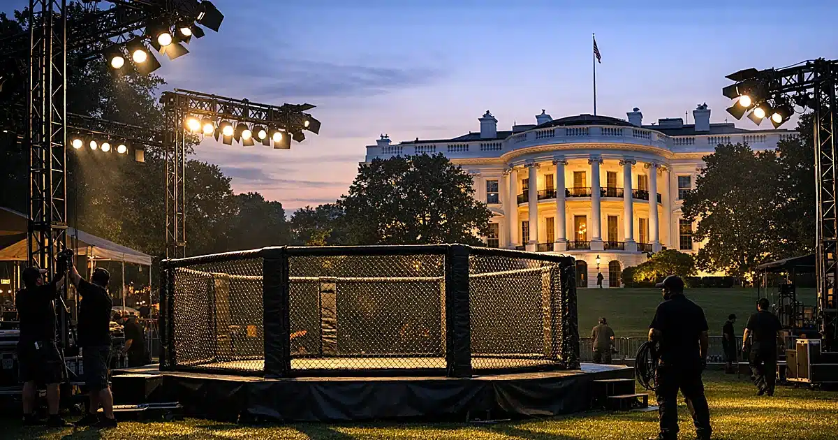UFC octagon cage erected on White House South Lawn at dusk with lighting equipment and silhouetted workers