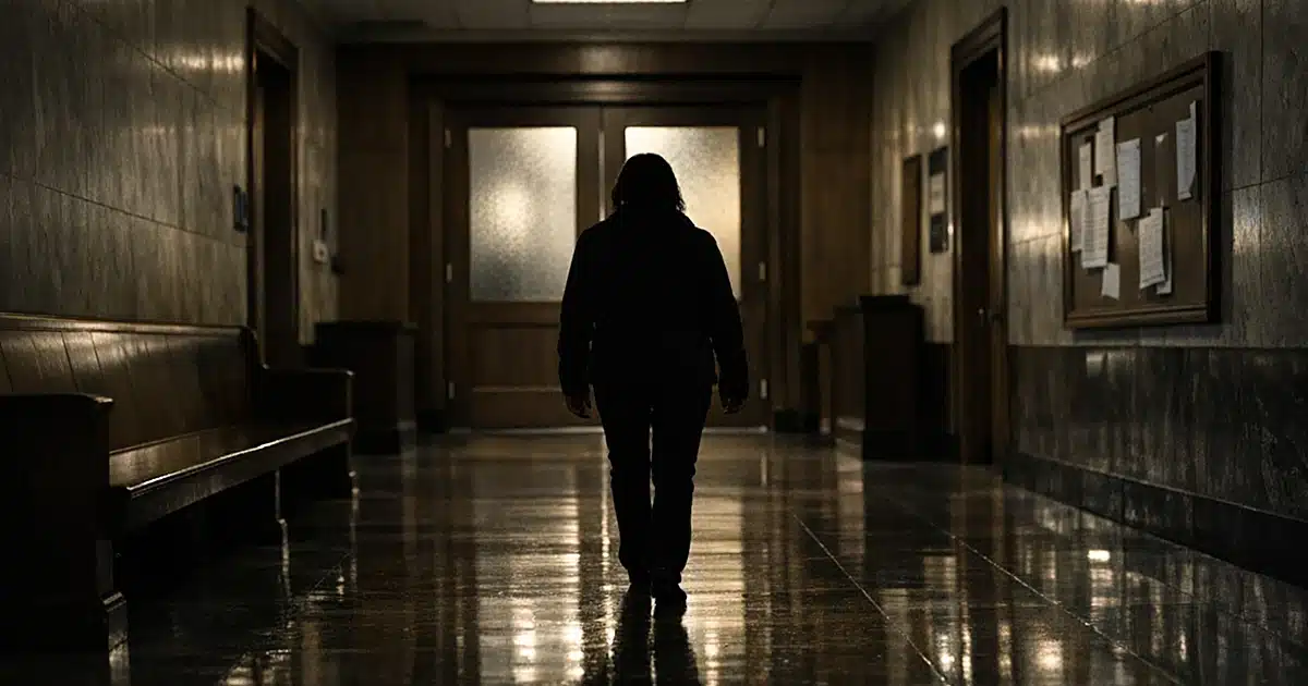 Silhouetted figure walks through empty California courthouse hallway toward distant courtroom doors