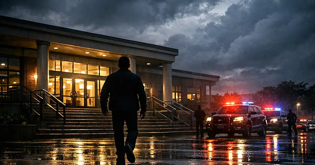 Silhouetted figure leaving government building entrance as police lights flash in parking lot at dusk
