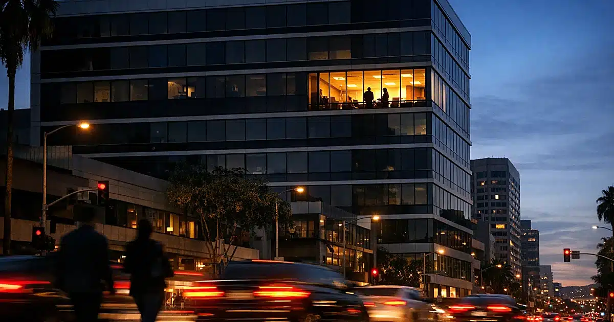 Modern office building at dusk with single illuminated suite window above busy boulevard with motion-blurred traffic