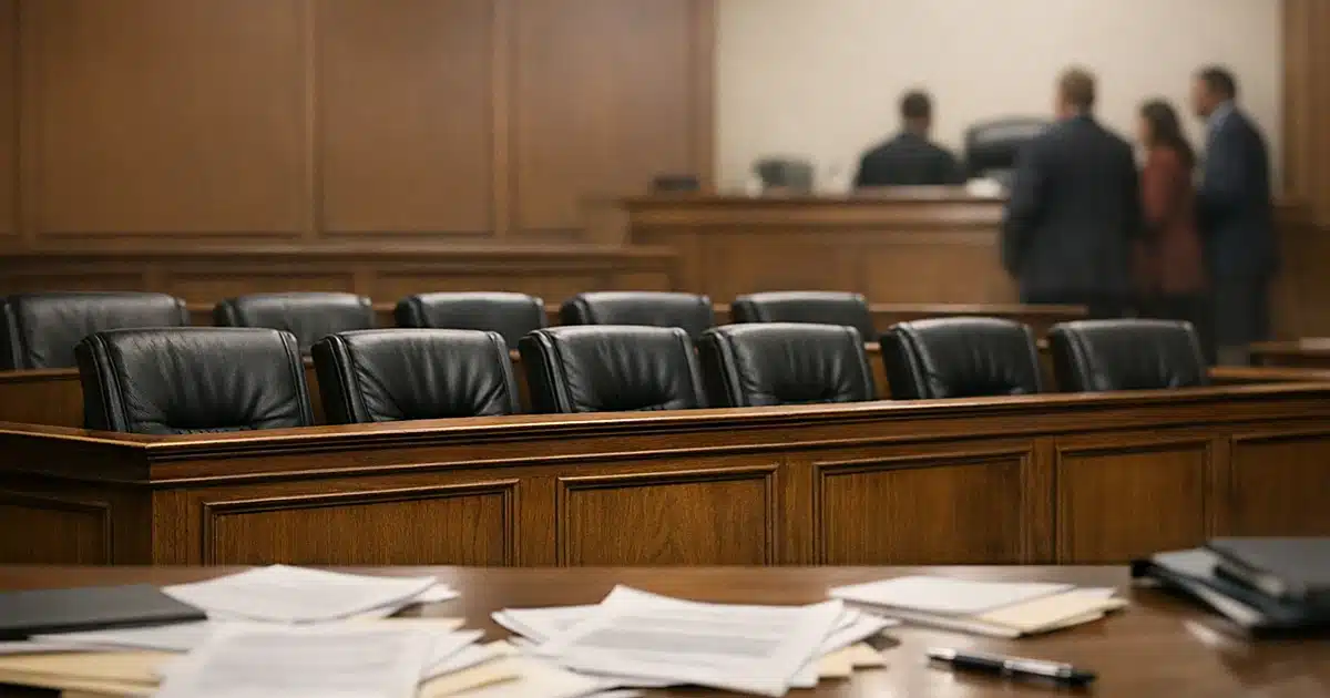 Empty jury box with leather chairs in a courtroom interior, figures silhouetted in background