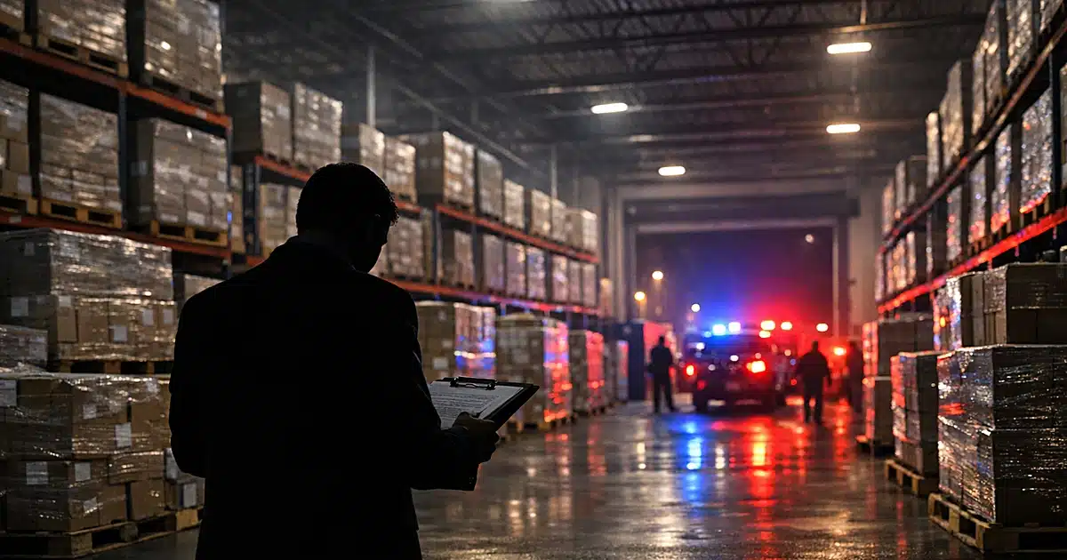 Silhouetted inspector in warehouse with emergency lights flashing through loading dock entrance