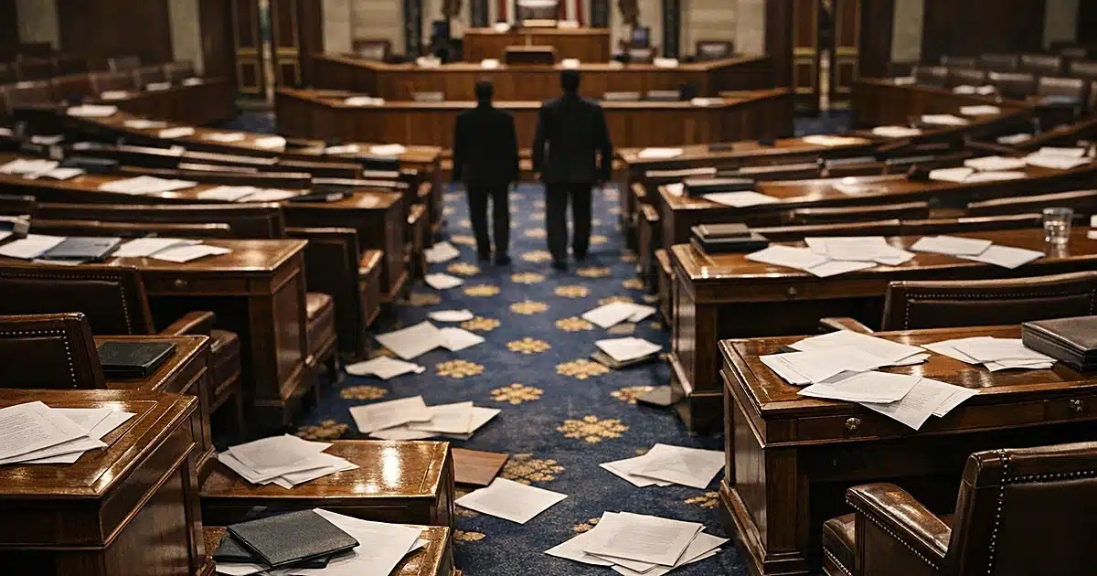Empty legislative chamber with scattered papers on desks suggesting recent contentious debate