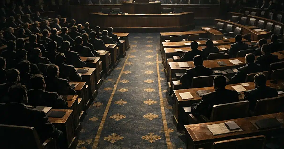 Legislative chamber with silhouetted figures seated in two opposing groups separated by central aisle