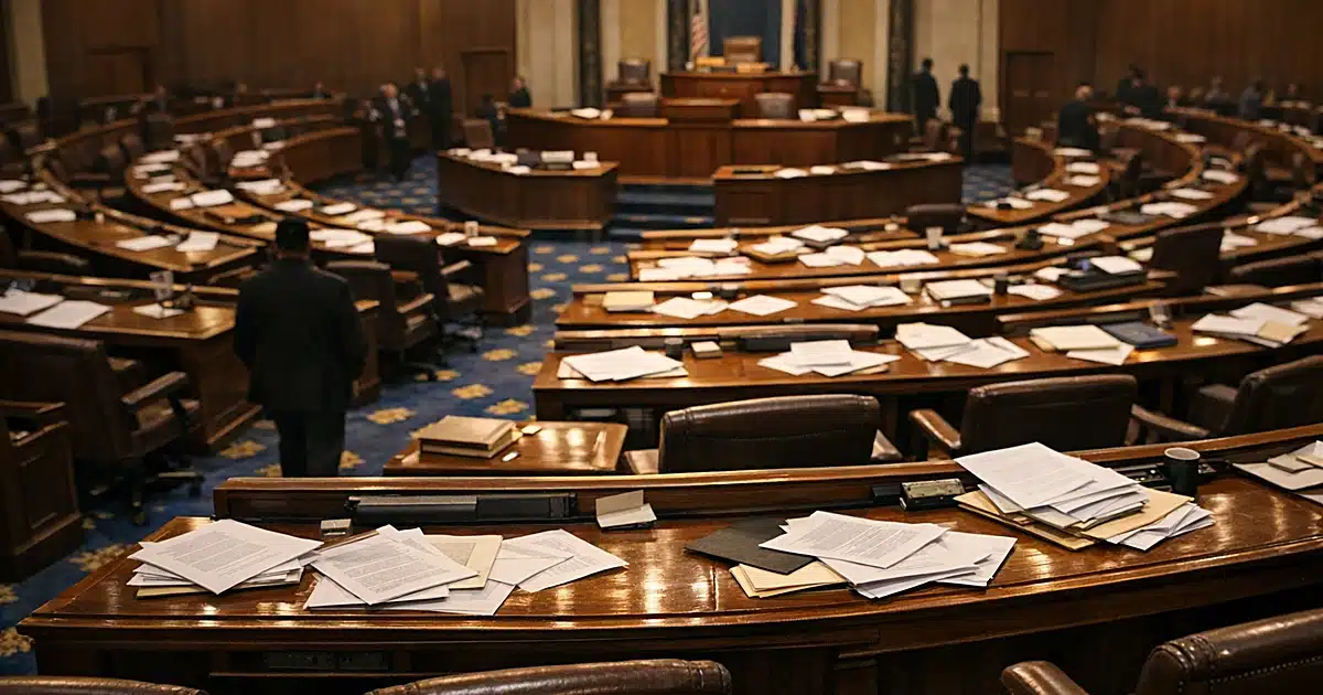 Empty legislative chamber with scattered papers on desks after major vote