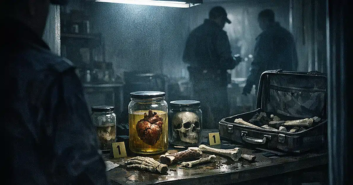 Dark apartment interior with specimen jars, bones, and evidence markers on table during police investigation