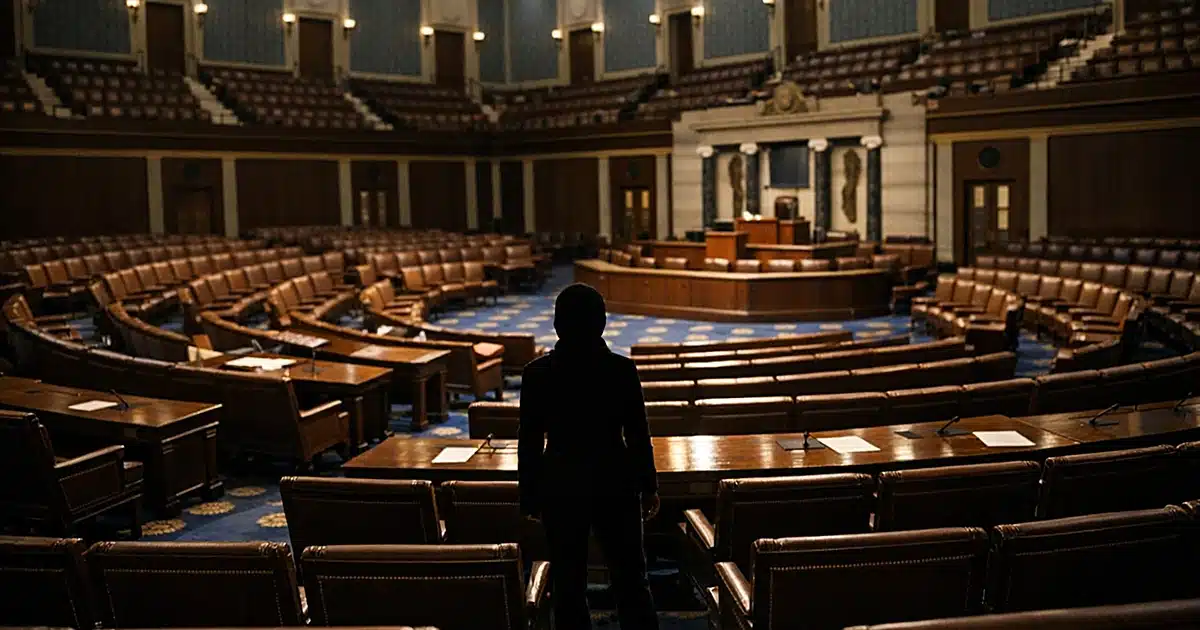 Solitary figure standing alone in empty House chamber among rows of vacant seats