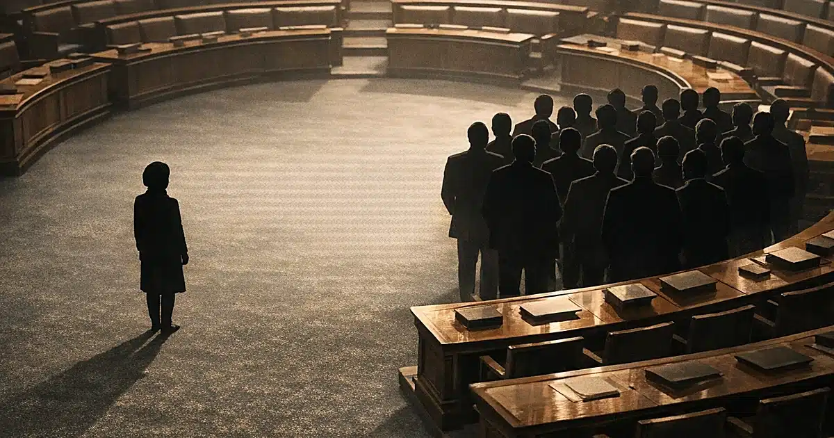 Silhouetted figure stands alone on one side of legislative chamber while group gathers on opposite side