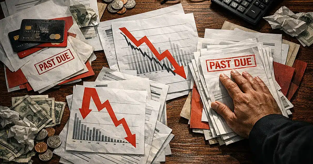 Financial documents with declining graphs and credit cards scattered across desk with silhouetted hand pressing bills