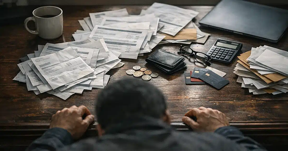 Home office desk with scattered bills and laptop showing financial stress in dim natural light