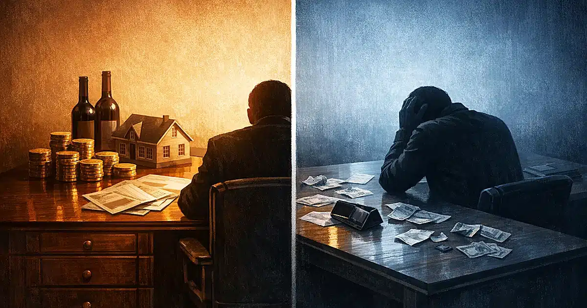 Split scene showing desk with wealth on left transforming to empty desk with bills on right, silhouetted figure seated