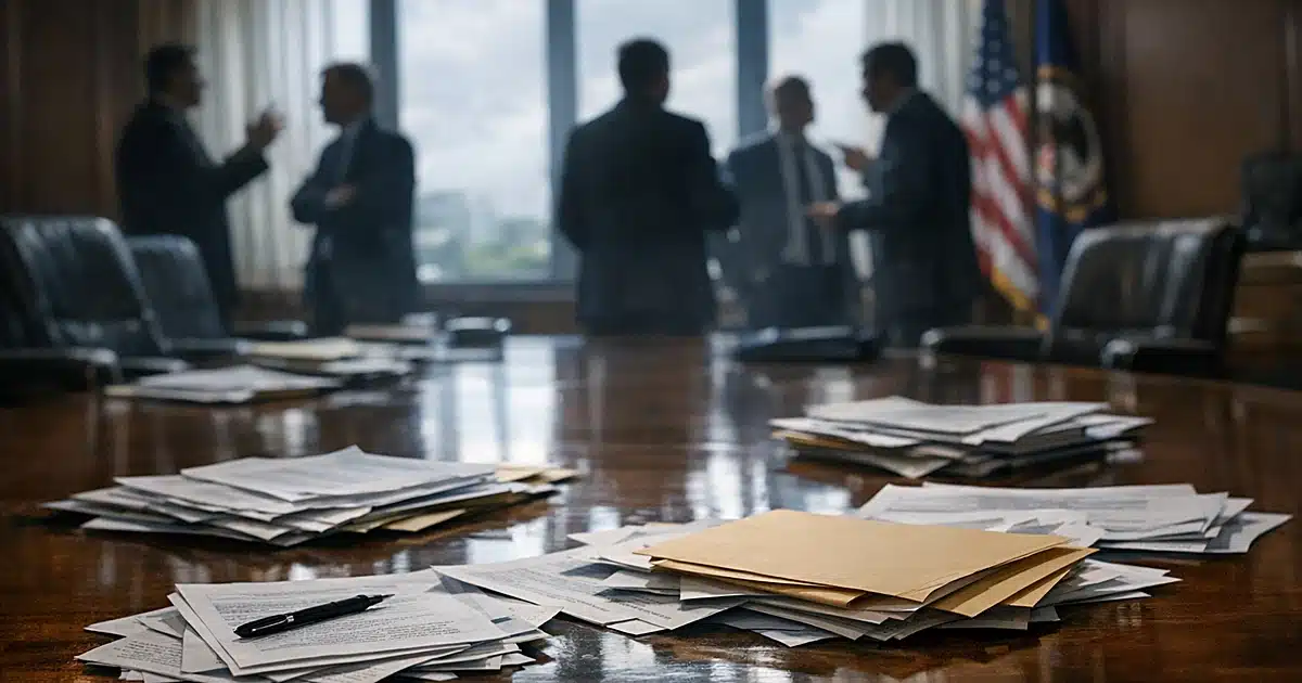 Conference table with scattered documents and silhouetted figures in discussion in government office setting