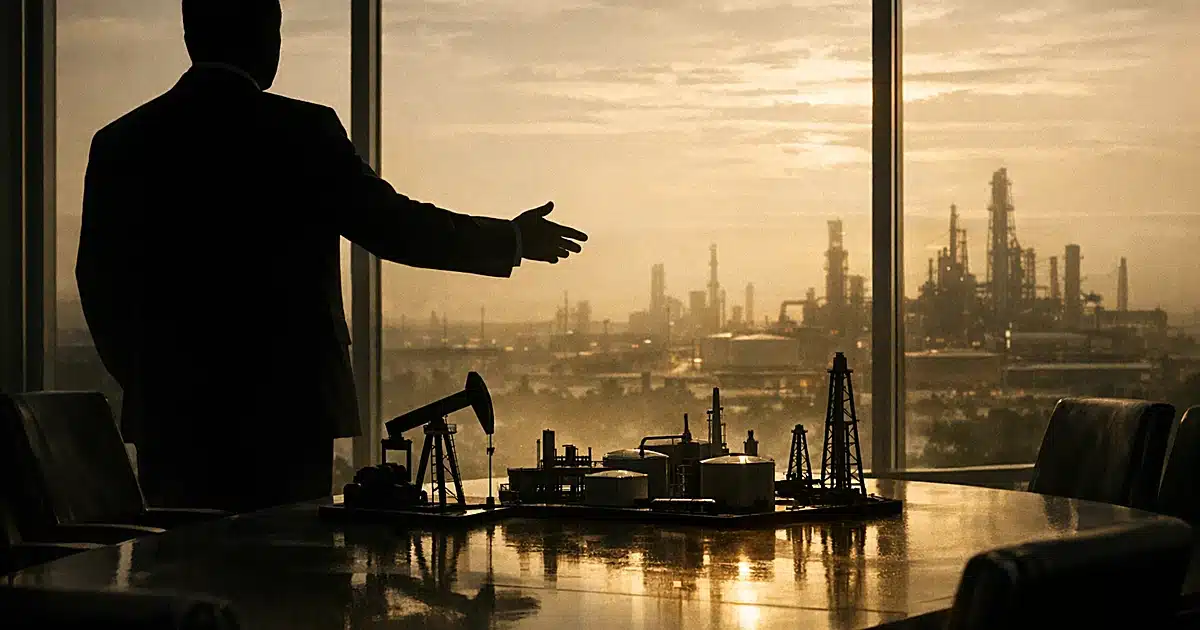 Silhouetted business figure at conference table with oil facility models and refinery view through windows