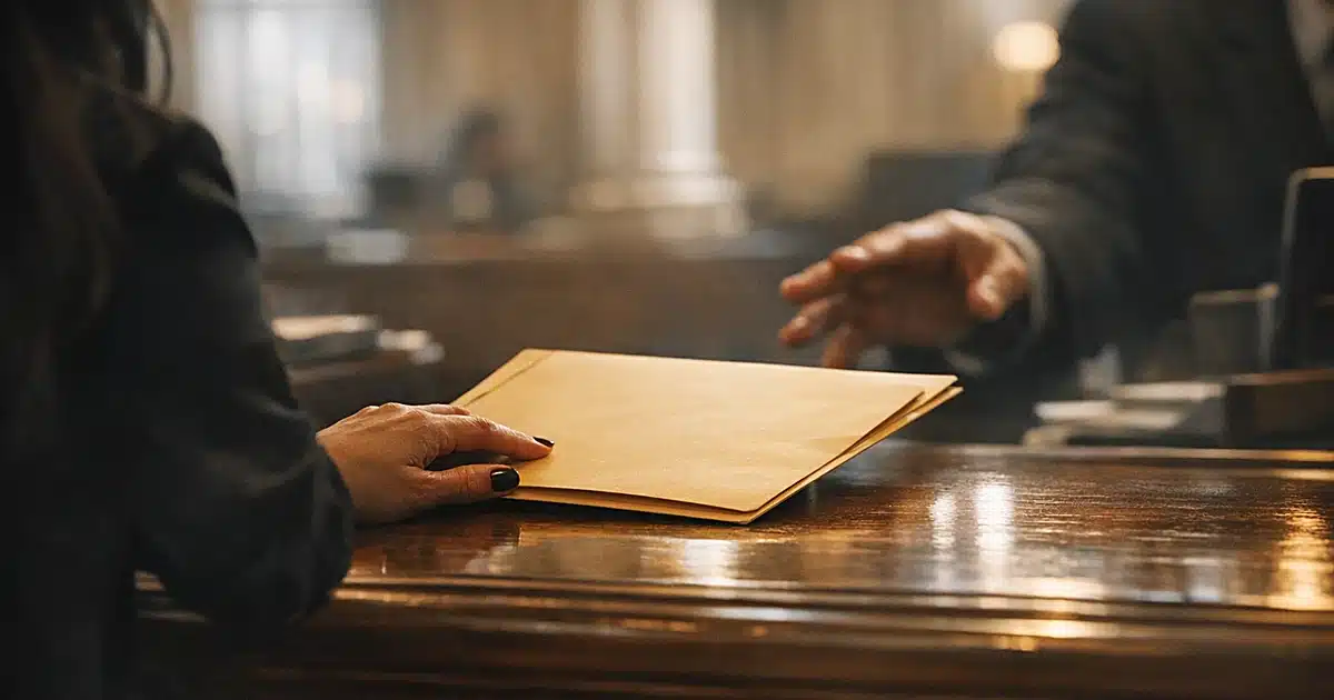 Silhouetted hands exchanging divorce petition folder across courthouse counter in dramatic window lighting
