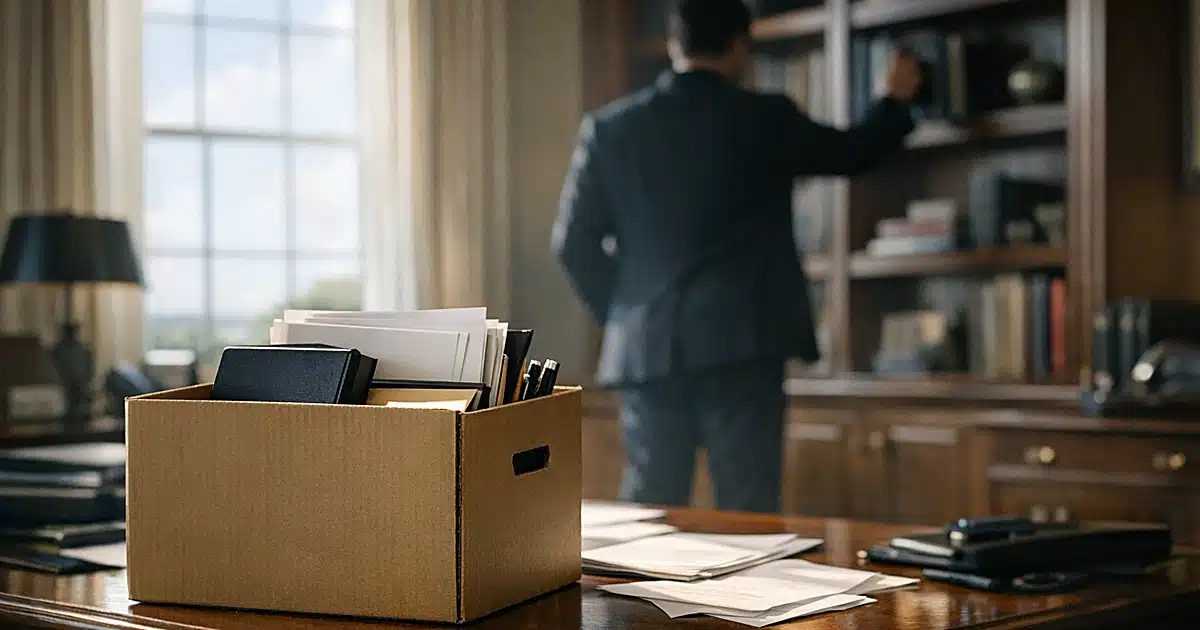 Office interior with silhouetted figure packing documents into box, natural window light, professional setting