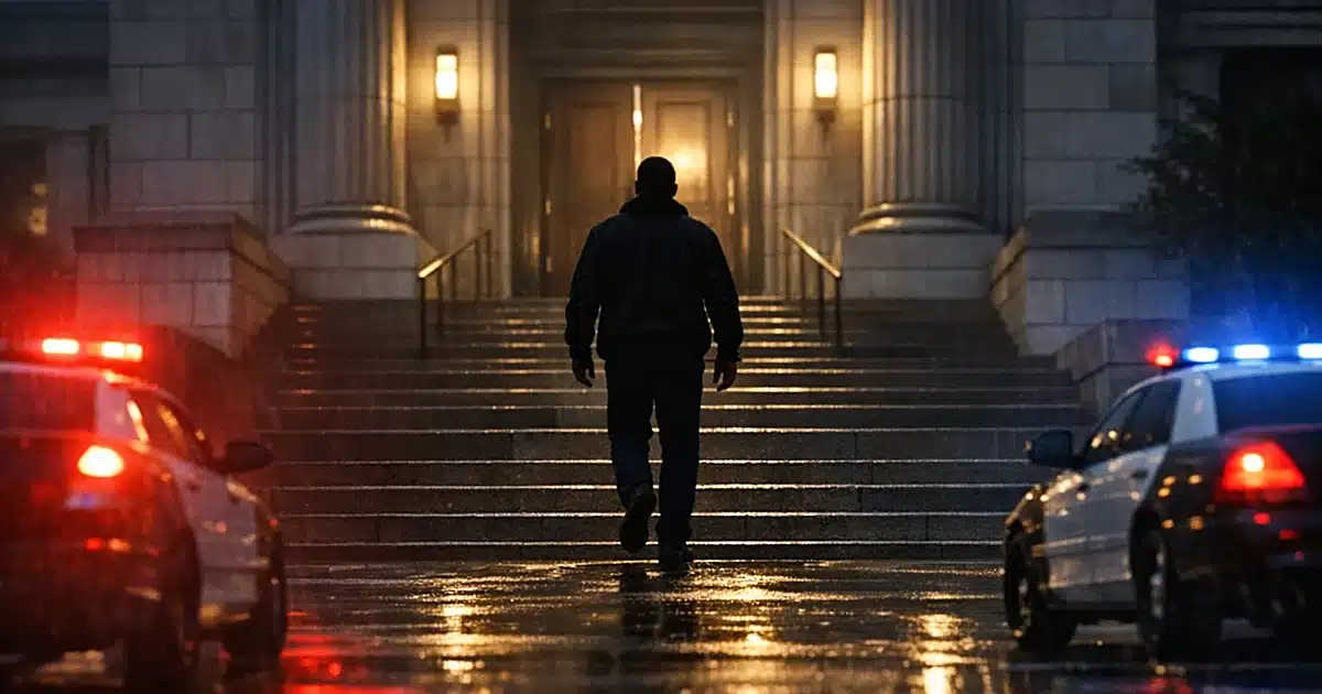 Silhouetted figure approaching courthouse steps at dusk with emergency lights reflecting on wet pavement