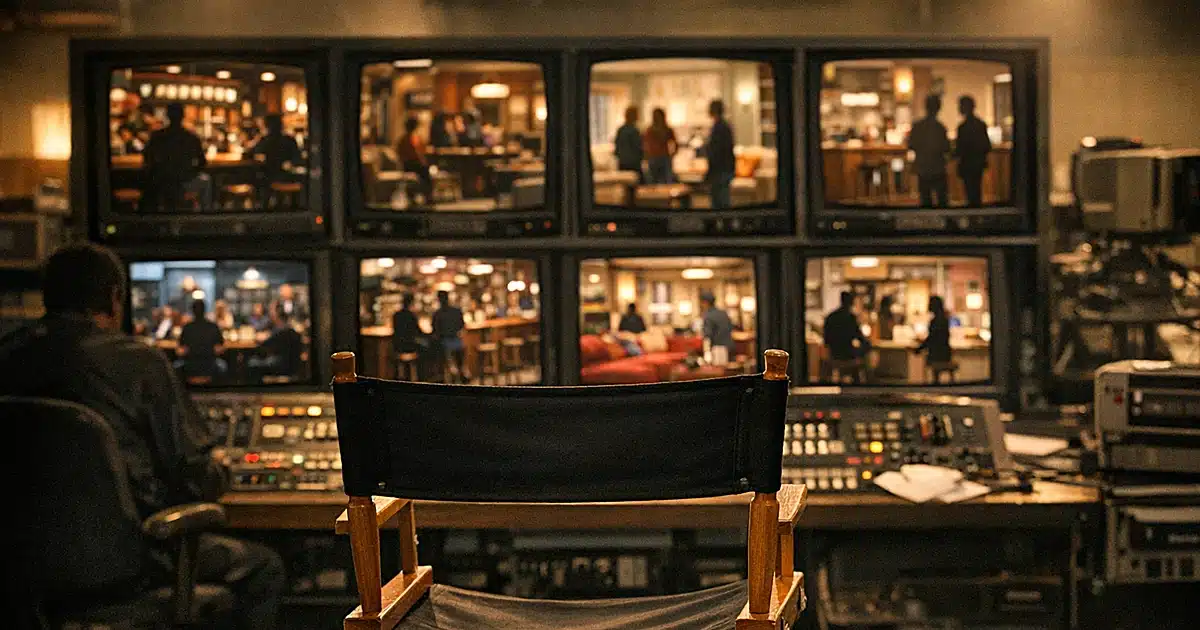 Empty director's chair facing wall of vintage television monitors in a classic sitcom production control room
