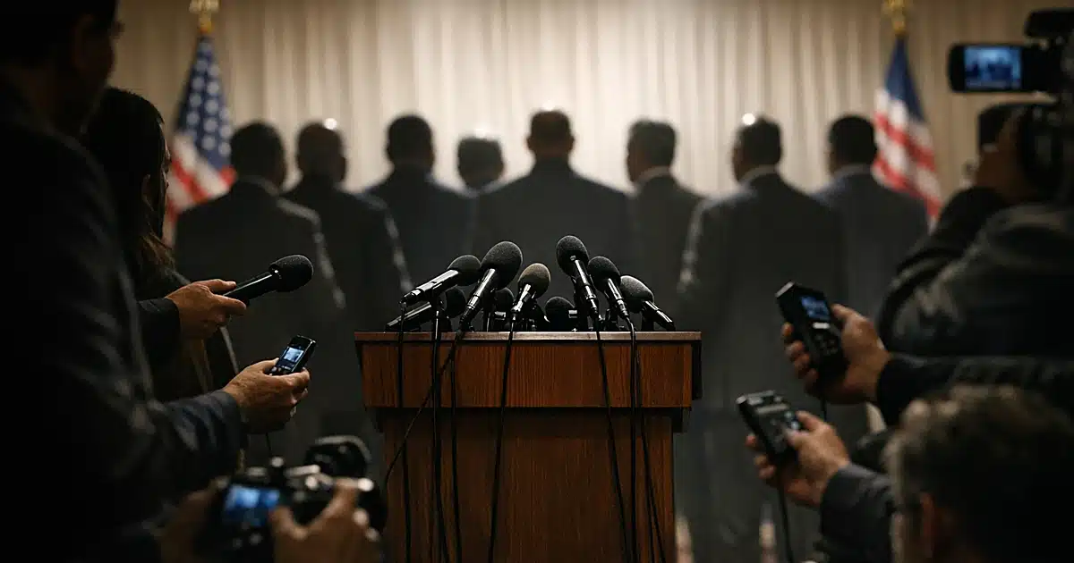 Silhouetted reporters with microphones facing podium surrounded by political figures in hotel ballroom