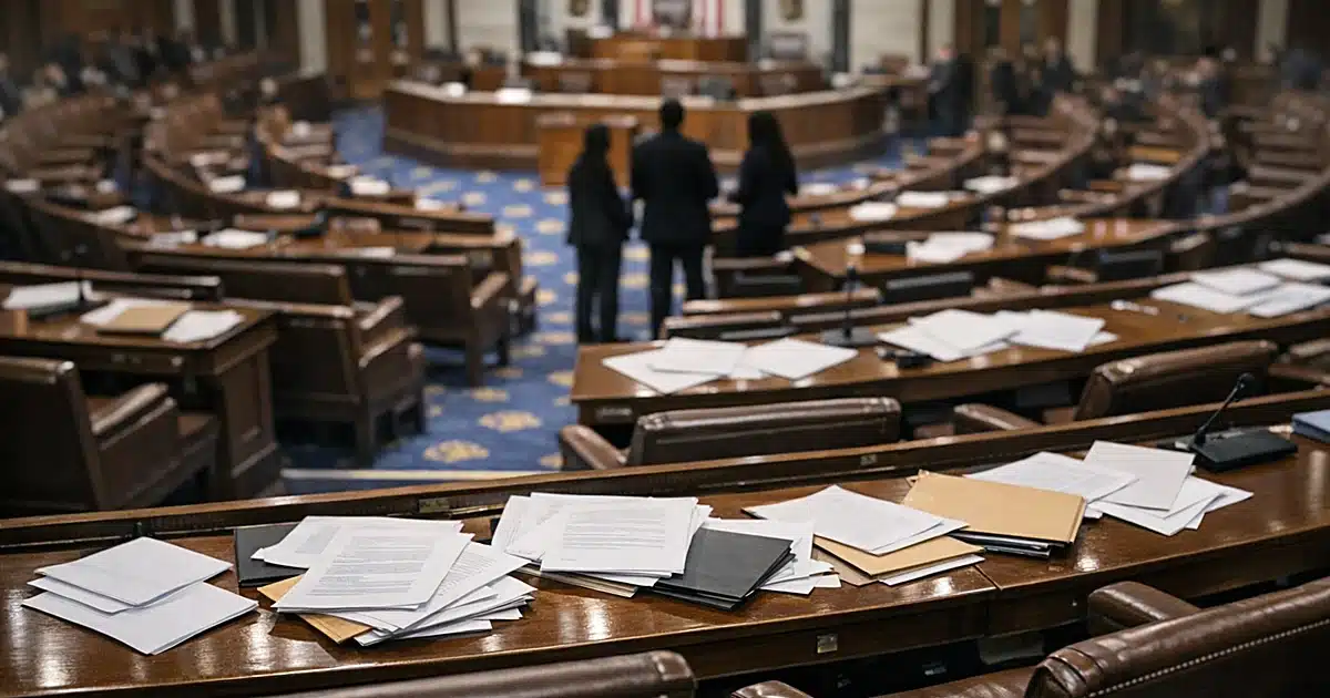Empty legislative chamber with scattered papers on desks, overhead view showing institutional setting