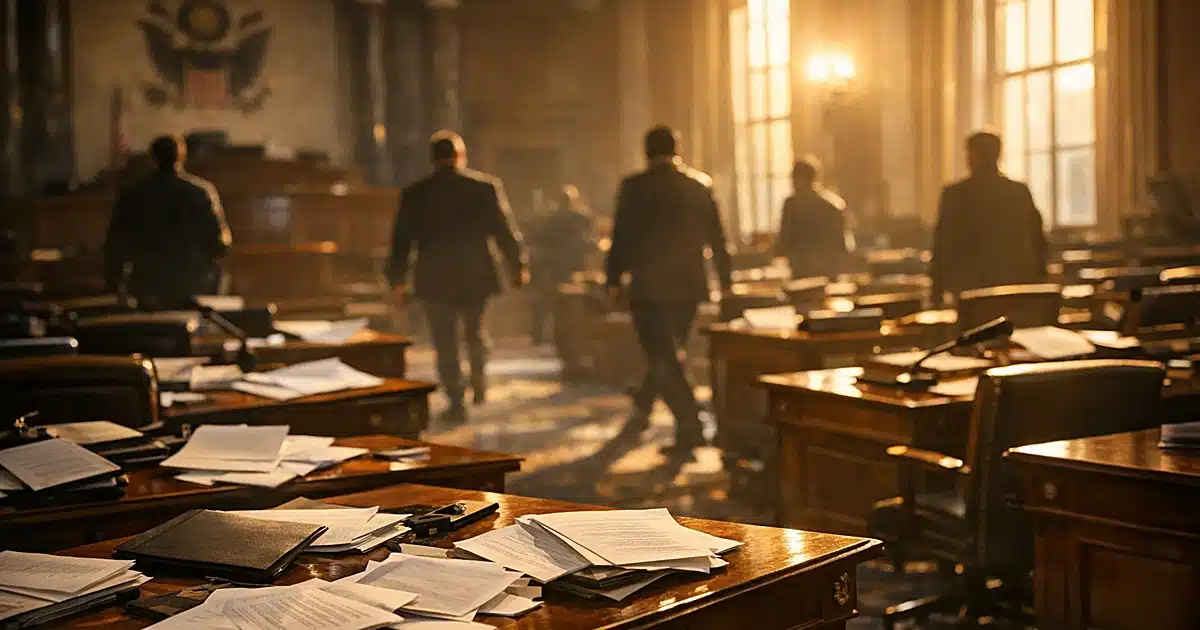 Empty legislative chamber with scattered papers on desks and silhouetted figures moving through aisles