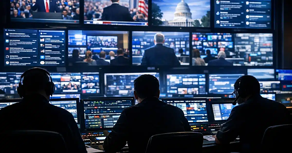 Television control room with glowing monitors and silhouetted producers working at broadcast desk