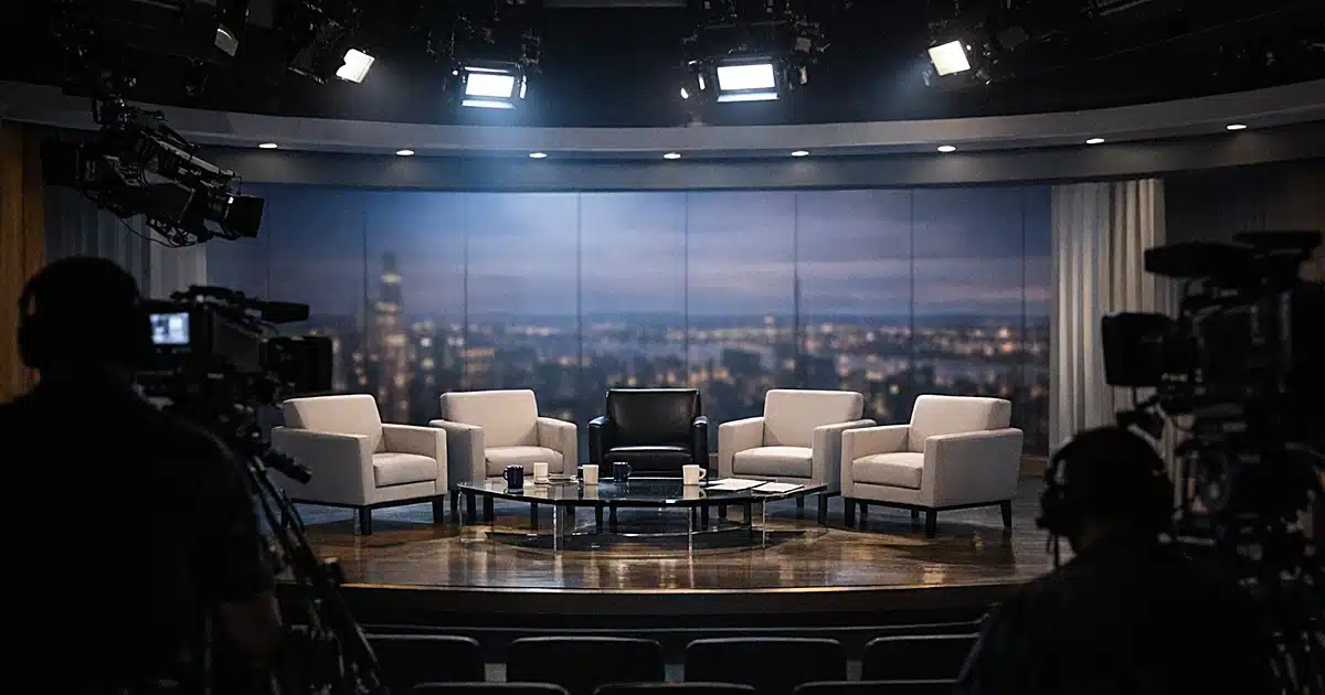 Empty television studio set with vacant talk show chairs under dimmed lights and camera operator silhouettes