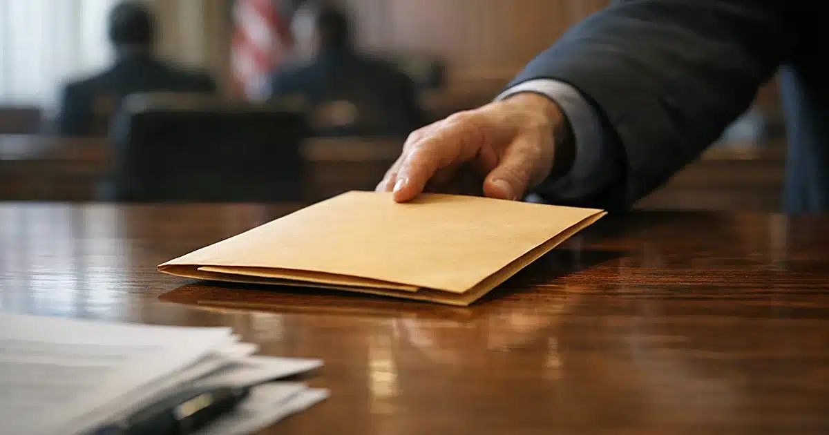 Silhouetted hand sliding folder across conference table with scattered documents in federal building interior