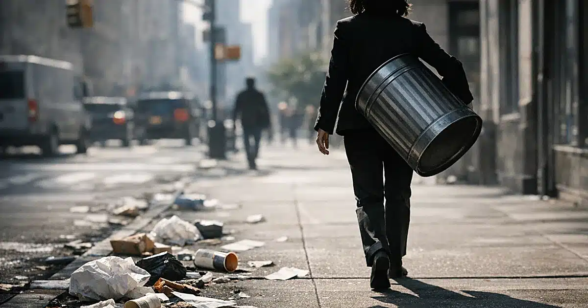 Silhouetted person walking away with trash can while garbage spills on sidewalk behind them