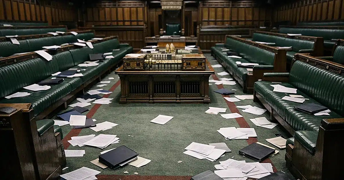 Empty parliamentary chamber with green benches covered in scattered papers suggesting political turmoil