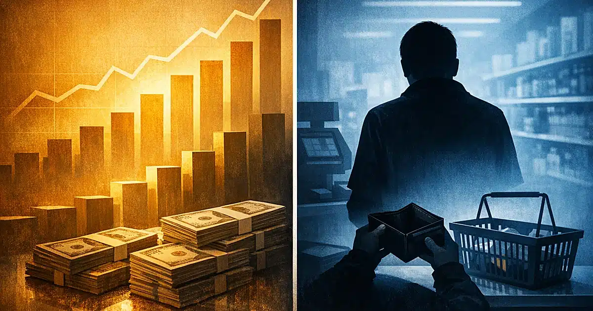 Split scene showing rising economic charts on left contrasted with shopper's empty wallet at checkout on right