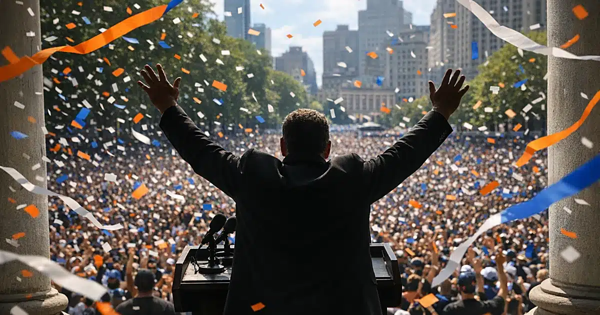 Silhouetted speaker at podium facing massive crowd during outdoor championship parade celebration with confetti