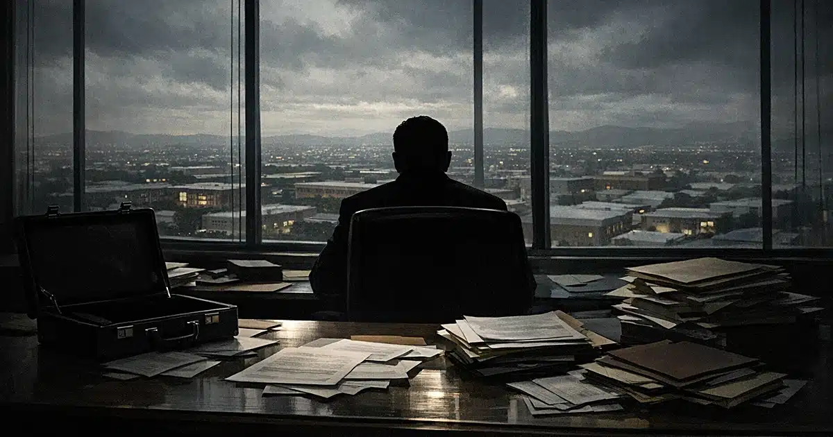 Silhouetted figure at desk in office with documents, overlooking urban district through windows
