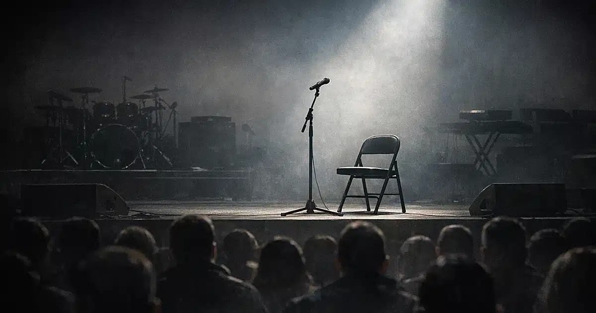 Empty concert stage with microphone and chair under spotlight, viewed from behind silhouetted audience in dark arena