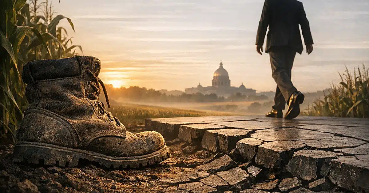 Farmer's boot planted in soil while dress shoe retreats across stage, with Iowa farmland and distant capitol in background