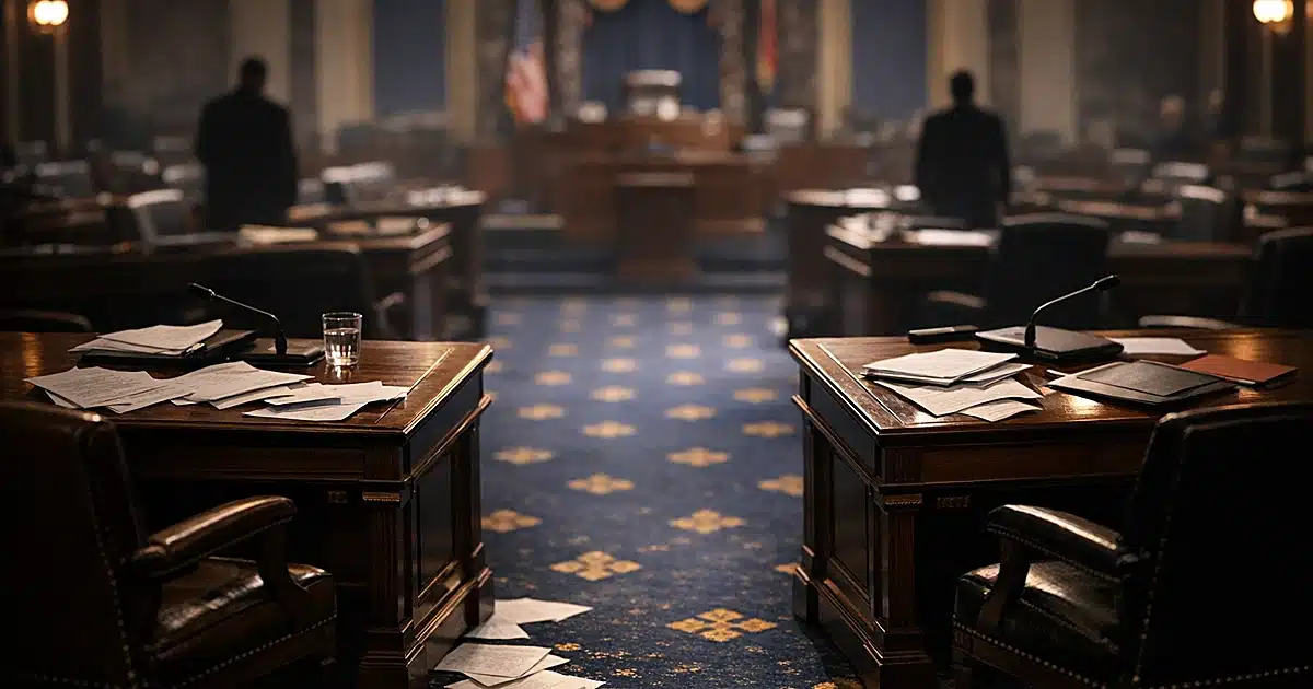Two separated Senate desks with scattered papers in a dimly lit legislative chamber showing political division
