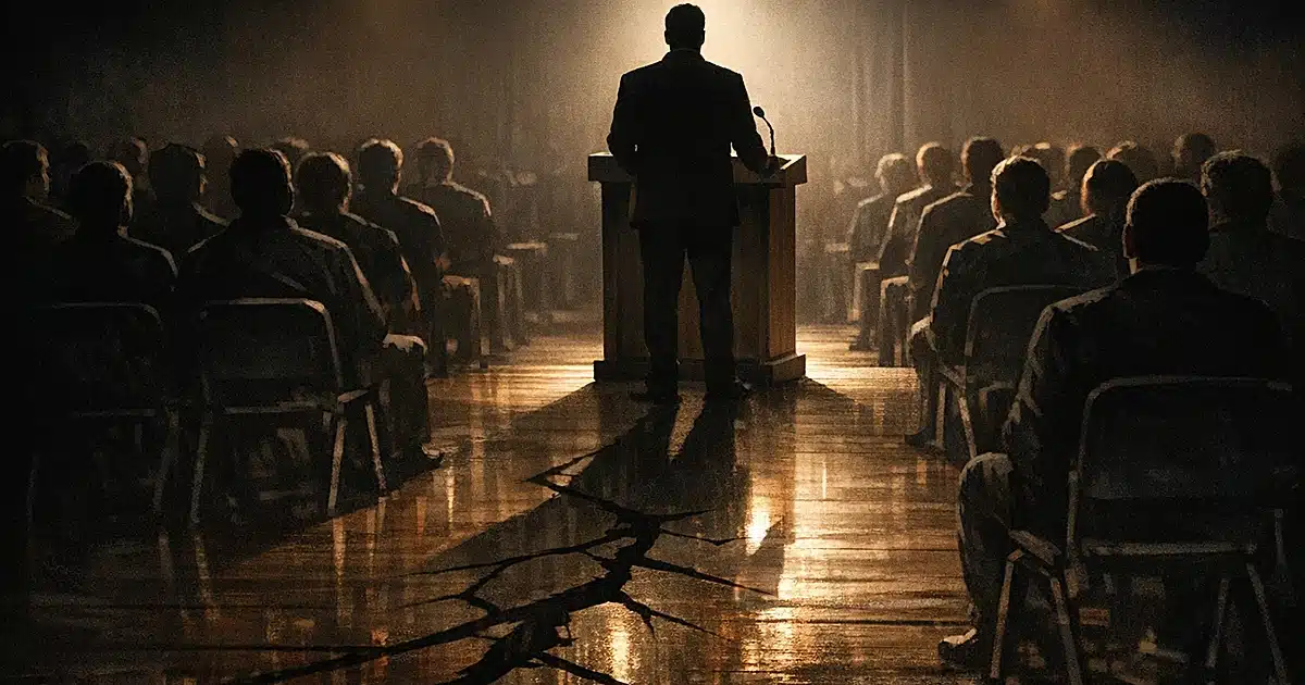 Silhouetted speaker at podium addresses seated audience in dimly lit town hall with dramatic shadows suggesting division