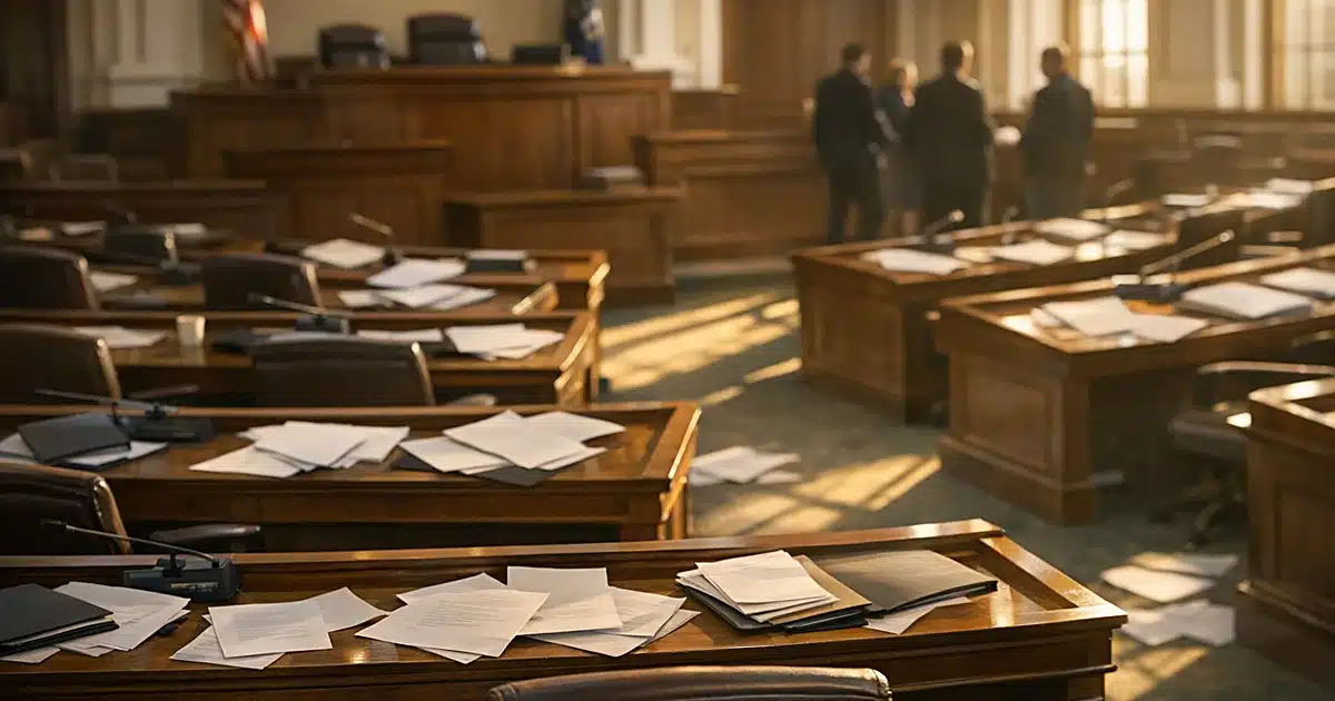 Empty state legislative chamber with scattered papers on desks, afternoon sunlight casting shadows across wooden surfaces