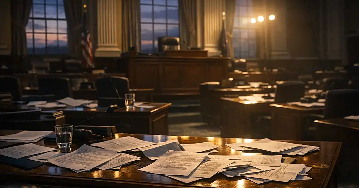 Empty Maine legislative chamber with scattered papers on desks and vacant speaker's podium at dusk