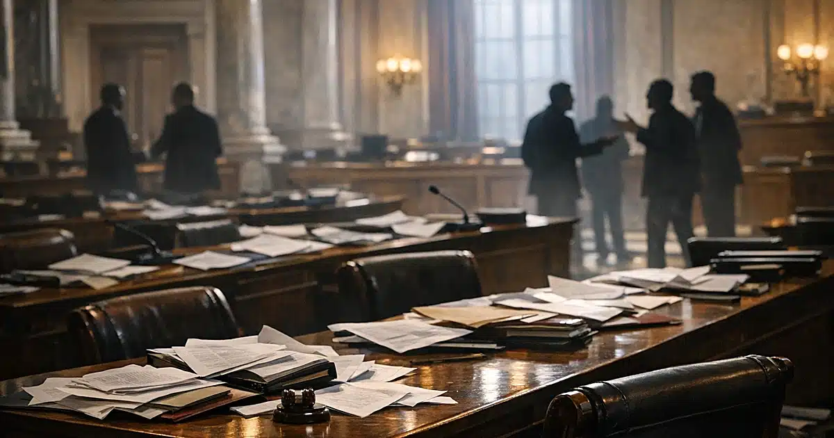 Empty legislative chamber with scattered papers on desks and silhouetted figures in heated discussion in background