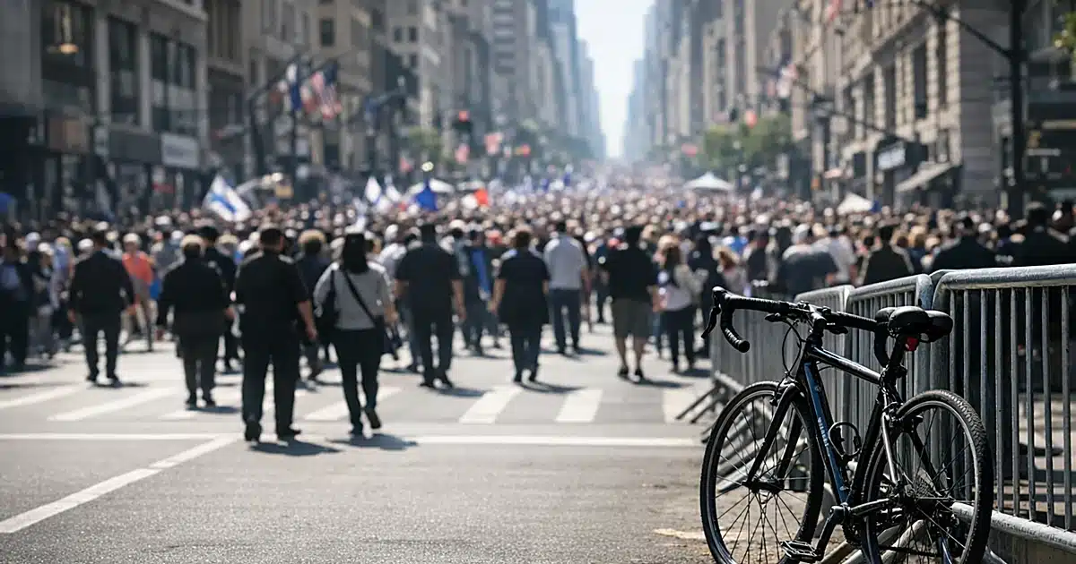Dense parade crowd fills Fifth Avenue with abandoned bicycle in foreground separated from celebration