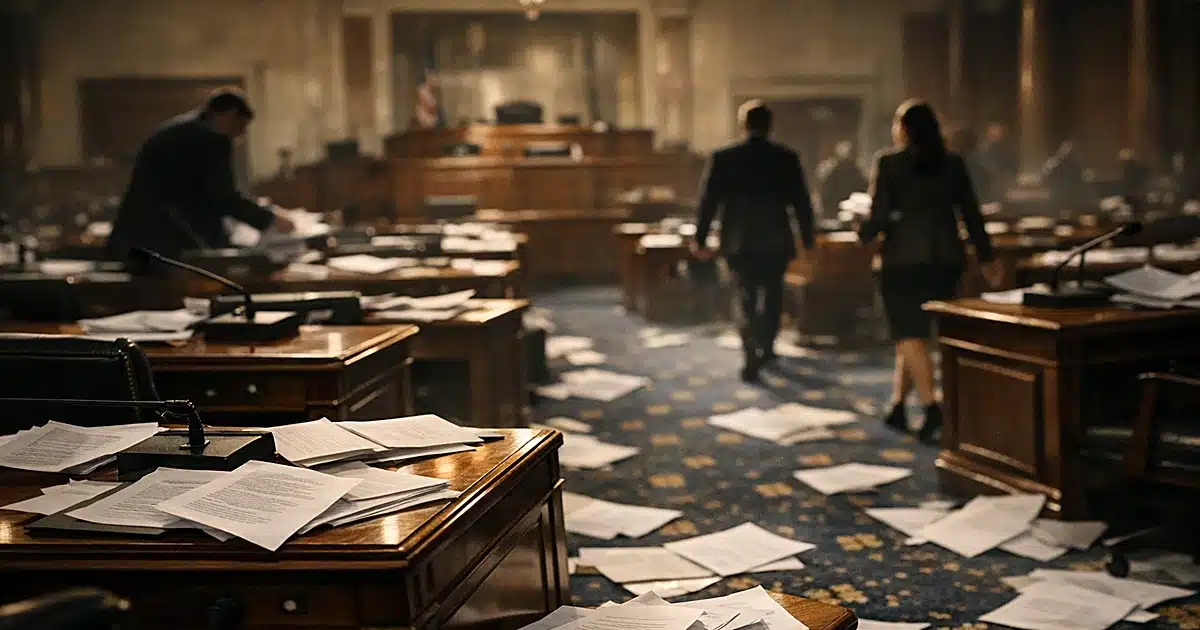 Legislative chamber interior with scattered papers on desks and silhouetted figures moving through aisles