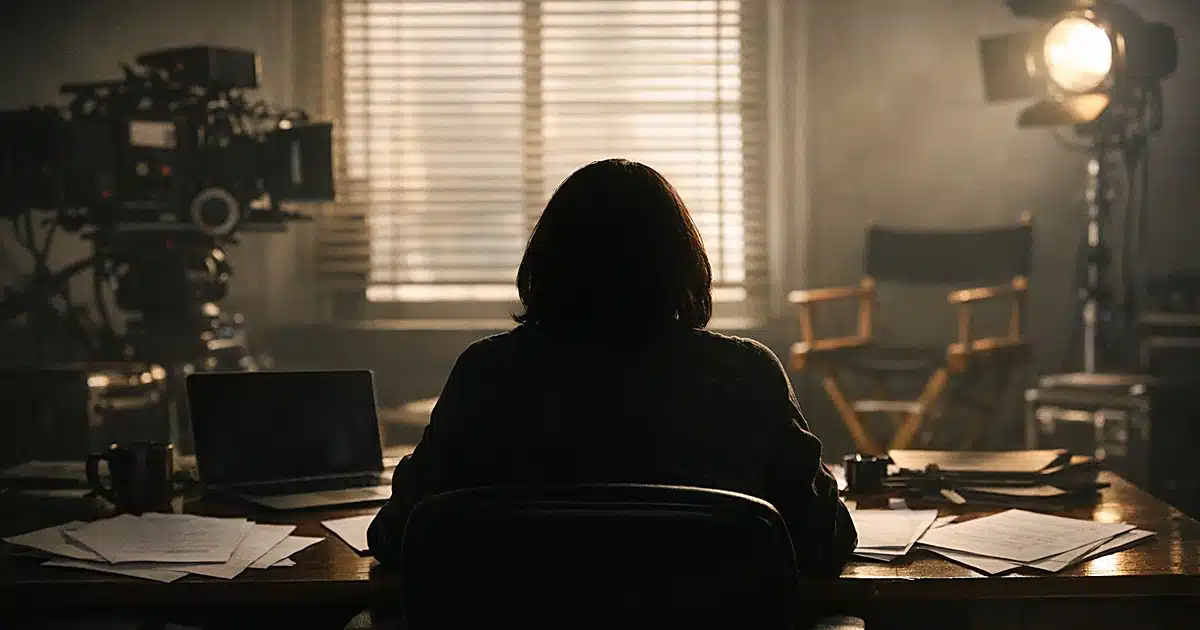Silhouetted figure at desk in film production office with script pages and equipment in background