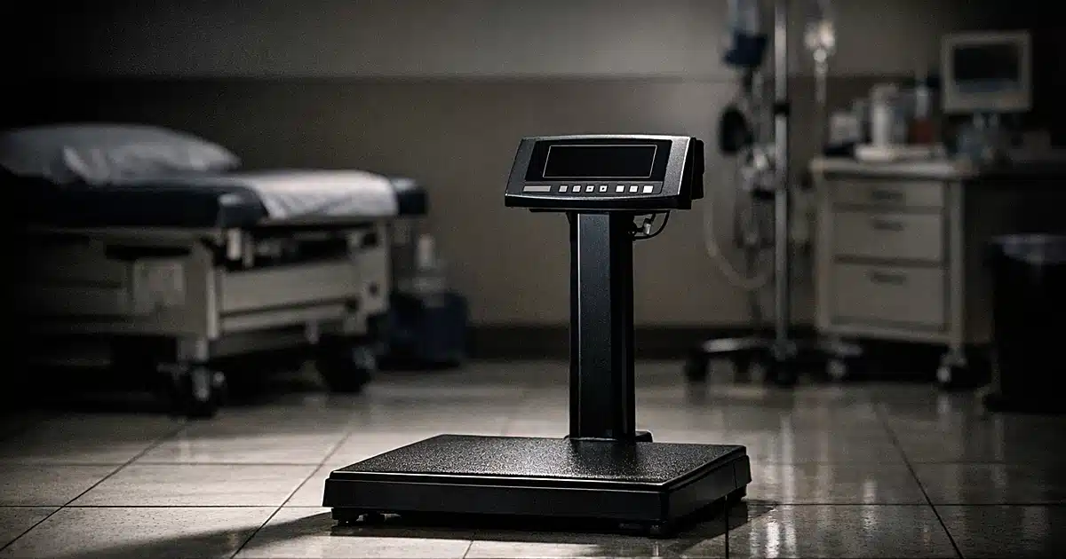 Medical scale in empty pediatric examination room with dramatic lighting and medical equipment in background