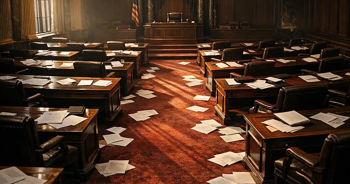 Empty Senate chamber with vacant chairs and scattered papers, dramatic side lighting creating long shadows