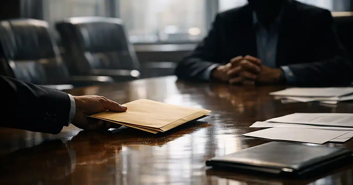 Silhouetted hands exchanging documents across a boardroom table with natural window lighting