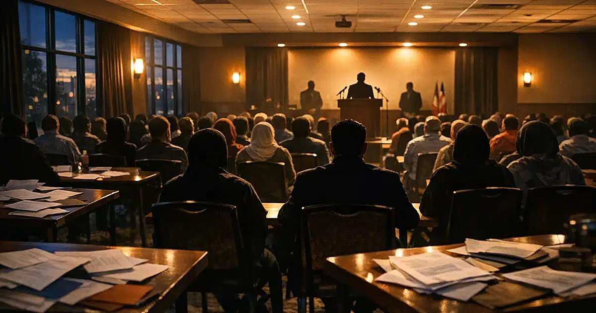 Community gathering hall with silhouetted attendees facing podium area, documents visible on side tables