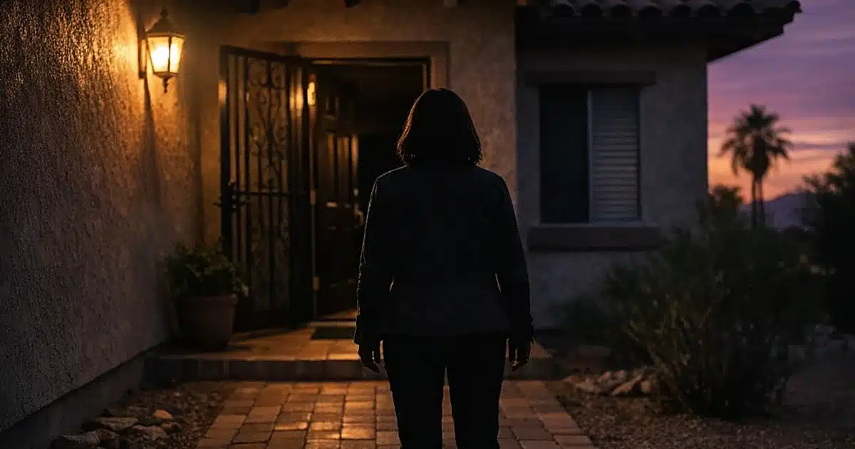 Empty doorway of Arizona home at dusk with silhouetted figure standing on walkway