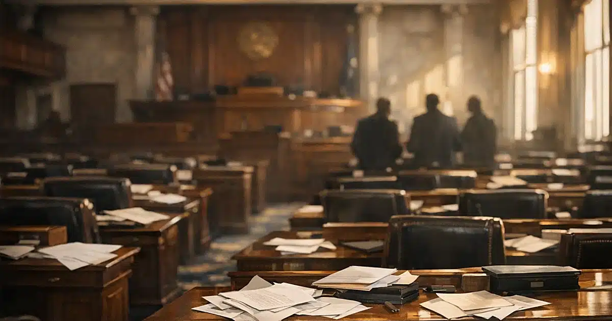 Empty South Carolina legislative chamber with scattered papers on desks and afternoon sunlight through windows