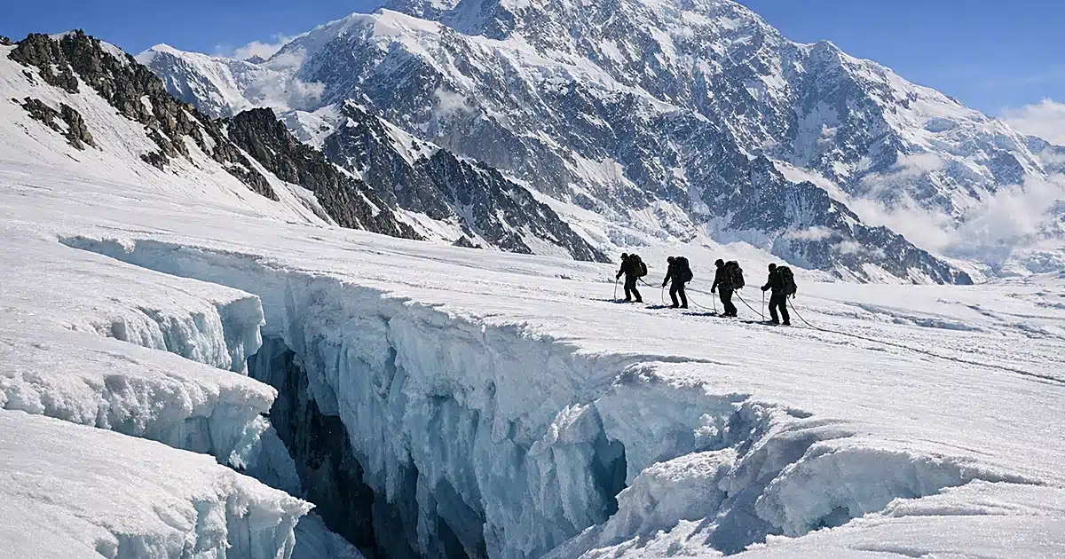 Crevasses cutting across snow-covered mountain slope with distant climbers on Mount McKinley at 14,000 feet